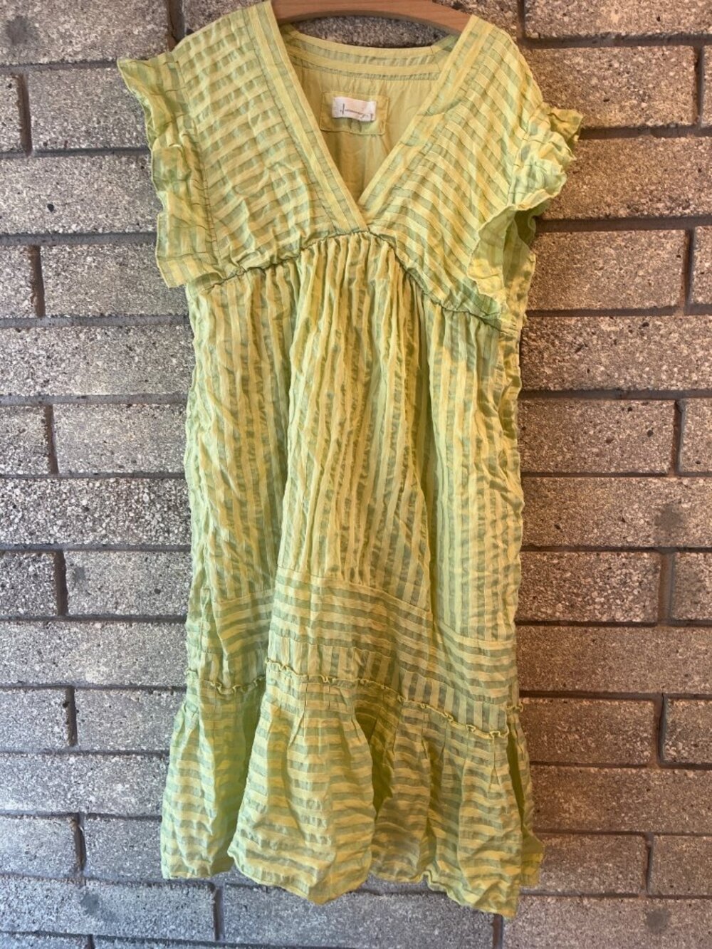 Anthropologie Sheer Striped Ruffle Dress Green Yellow Womens SP